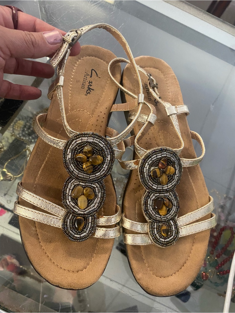 Clarks Metallic Gold Beaded T-Strap Sandals